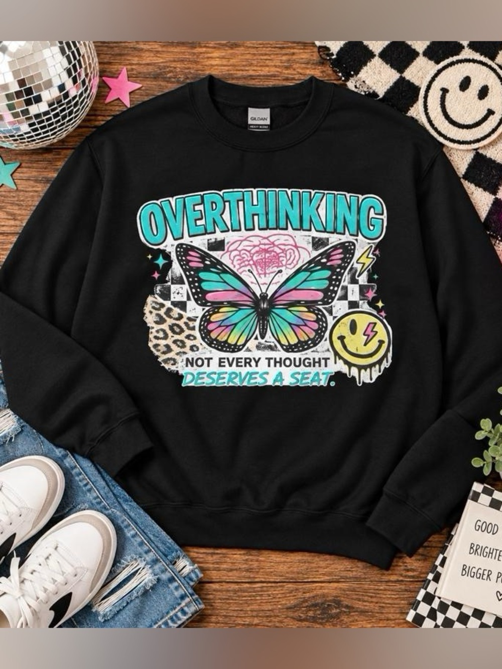 Overthinking Black Graphic Sweatshirt with Colorful Butterfly - Unbranded